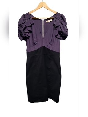 Rebecca Taylor Purple Black Colorblock Puff Sleeve Sheath Dress,10 Silk Blend